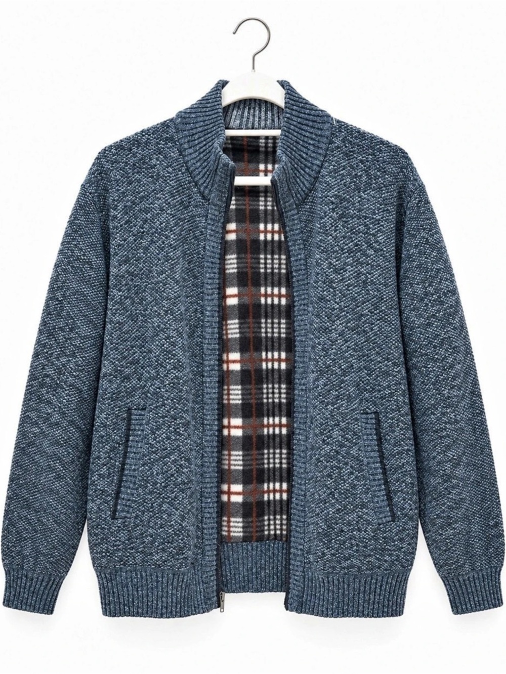 V Cansion Men’s Cashmere Blend Plaid Fleece Lined Zip-Up Sweater Jacket Size L